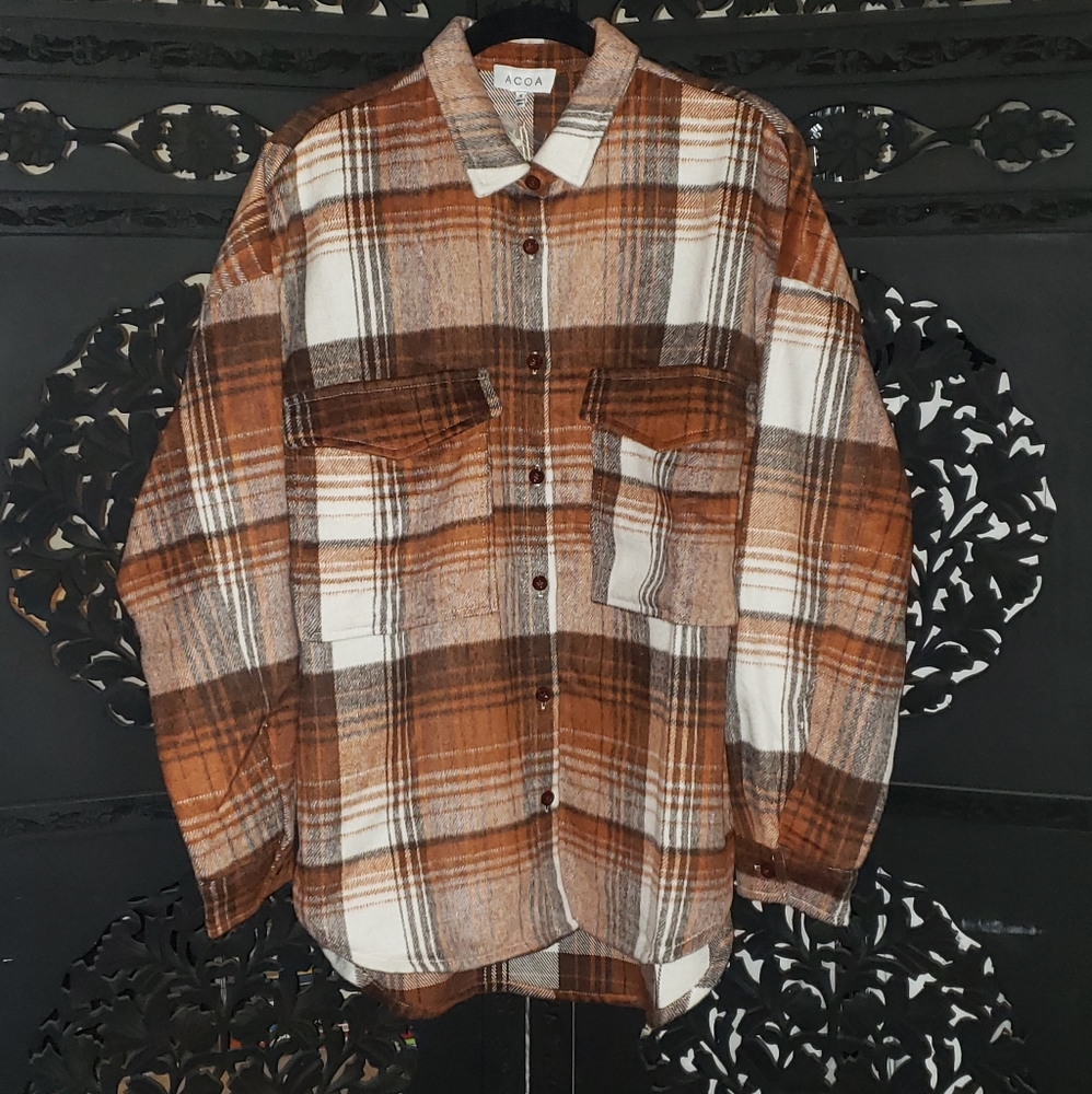 Plaid Shacket Oversized Rust Colored Button Down Jacket Shirt NWT